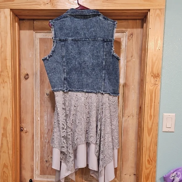Denim Vest with Lace Bottom - Picture 2 of 5